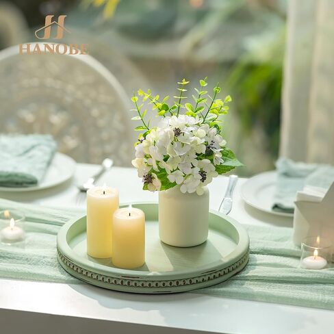 Hanobe Sage Green Tray Decor: Round Decorative Tray for Coffee Table Centerpiece - Wooden Candle Plate Holder for Rustic Farmhouse Home Living Room Kitchen Counter in Saudi Arabia