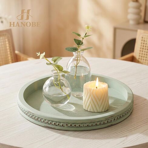 Hanobe Sage Green Tray Decor: Round Decorative Tray for Coffee Table Centerpiece - Wooden Candle Plate Holder for Rustic Farmhouse Home Living Room Kitchen Counter in Saudi Arabia