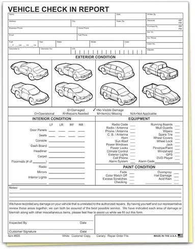 Vehicle Check-in Form Pad - 8.5 x 11 Auto Condition & Damage Report - 2-Part Carbonless Service Intake Sheet for Car Dealerships, Repair Shops & Mechanics, White/Canary - Pack of 100 Forms in Kuwait