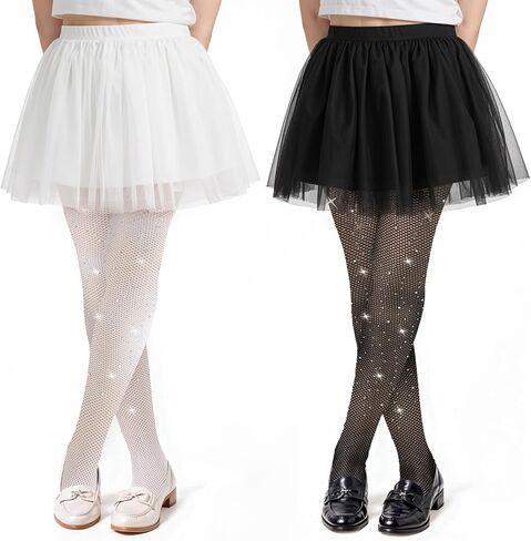 Larrel 2 Pack Girls Sparkle Tights, Shiny Stretchy Mesh Stockings for Girls Comfortable Elastic Kids Stockings for Parties Performances(Black, White) in Saudi Arabia
