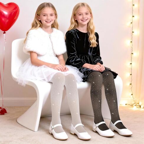 Larrel 2 Pack Girls Sparkle Tights, Shiny Stretchy Mesh Stockings for Girls Comfortable Elastic Kids Stockings for Parties Performances(Black, White) in Saudi Arabia