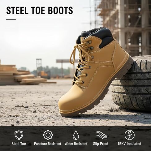 Water Resistant Work Boots Composite Toe Shoes Non Slip Construction Leather Boots Puncture Proof Indestructible Steel Toe Shoes Electrical Resistance Shoe Wheat in Saudi Arabia