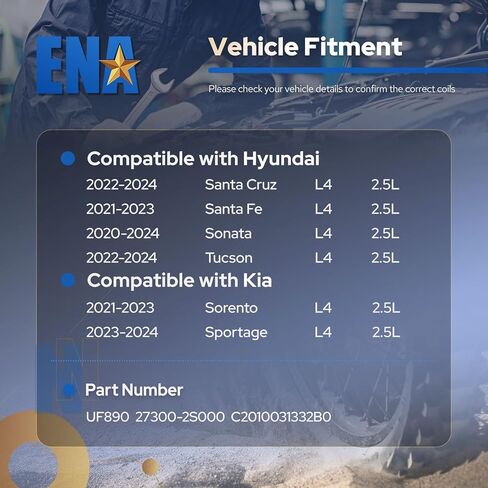 مجموعة ENA مكونة من 1 حزمة ملف إشعال متوافقة مع Hyundai Santa Cruz Santa Fe Sonata Tucson 2020 2021 2022 L4 2.5L فقط من أجل NA in Kuwait