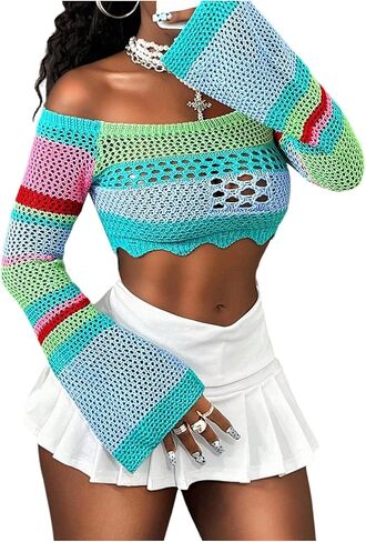 OYOANGLE Women's Y2K Hollow Out Knit Bolero Shrug Color Block Long Sleeve Cropped Sweater Top Coverup in Kuwait