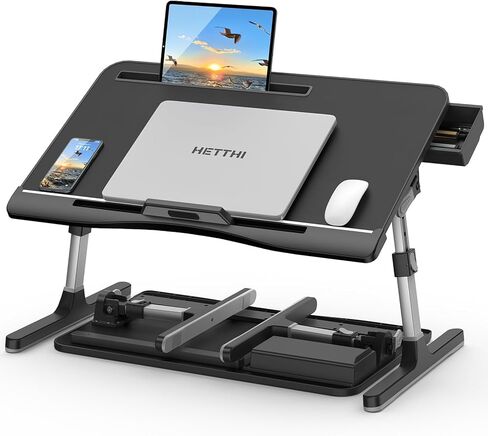 Laptop Desk for Bed-17-inch,Adjustable Laptop Desk with Foldable Legs Storage Drawer Tablet Slot Removable Stopper, Portable Lap Desk for Writing Working Reading Eating (Black, 23.6"×14") in Kuwait