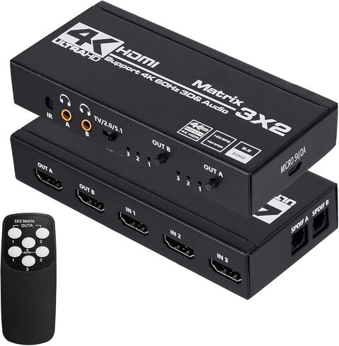 HDMI Matrix 3x2, 4K HDMI Matrix Switch 3 in 2 Out Switcher Splitter Box with EDID Extractor and IR Remote Control, Support Ultra 4K HDR, 4Kx2K@60Hz, 3D/1080P，HDMI 2.0b, HDCP 2.2 in Kuwait