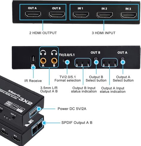 HDMI Matrix 3x2, 4K HDMI Matrix Switch 3 in 2 Out Switcher Splitter Box with EDID Extractor and IR Remote Control, Support Ultra 4K HDR, 4Kx2K@60Hz, 3D/1080P，HDMI 2.0b, HDCP 2.2 in Kuwait