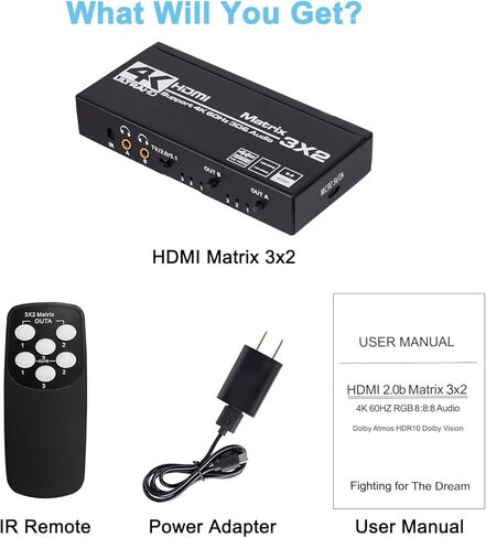HDMI Matrix 3x2, 4K HDMI Matrix Switch 3 in 2 Out Switcher Splitter Box with EDID Extractor and IR Remote Control, Support Ultra 4K HDR, 4Kx2K@60Hz, 3D/1080P，HDMI 2.0b, HDCP 2.2 in Kuwait