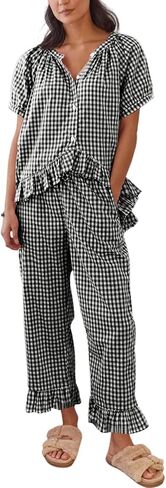 Gihuo Gingham Pajama Set for Women Pjs Plaid Ruffle Top and Pants Lounge Sleepwear in Saudi Arabia