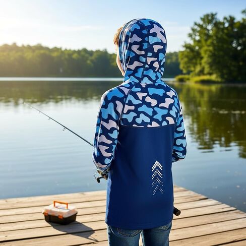 Boys Fishing Shirt UPF 50+ Sun Protection Hooded Shirt, Quick Dry UV Rash Guard Fishing Hoodie for Kids Outdoor in Saudi Arabia