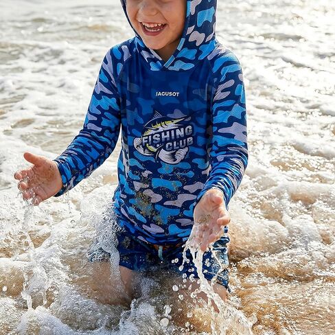 Boys Fishing Shirt UPF 50+ Sun Protection Hooded Shirt, Quick Dry UV Rash Guard Fishing Hoodie for Kids Outdoor in Saudi Arabia