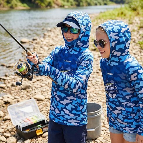 Boys Fishing Shirt UPF 50+ Sun Protection Hooded Shirt, Quick Dry UV Rash Guard Fishing Hoodie for Kids Outdoor in Saudi Arabia