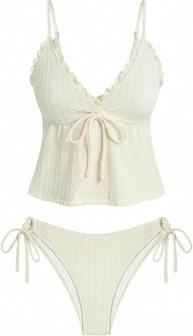 ZAFUL Tankini Swimsuits for Women V Neck Textured Knot Tie Ruffle Trim Bikini Swimsuit Tie Side 2 Pieces Bathing Suit in Saudi Arabia