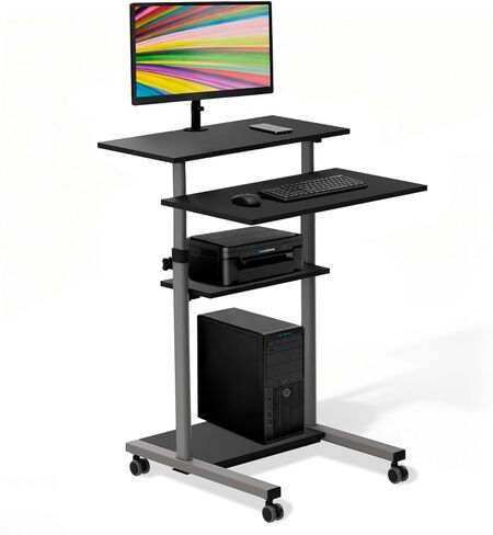Mount-It! Mobile Standing Desk Cart, Height Adjustable Rolling Stand Up Desk, Computer Workstation for Office, School, Teachers, 27.5" Wide Podium Platform, Locking Wheels in Black Rises 37" to 54" in Kuwait
