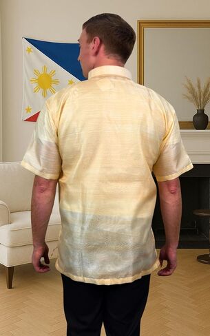 Barong Tagalog للرجال، قميص رسمي فلبيني بأكمام قصيرة باللون الأبيض الأورجانزا مع التطريز، مقاس أمريكي in Kuwait