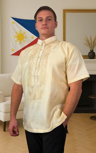 Barong Tagalog للرجال، قميص رسمي فلبيني بأكمام قصيرة باللون الأبيض الأورجانزا مع التطريز، مقاس أمريكي in Kuwait