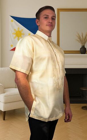 Barong Tagalog للرجال، قميص رسمي فلبيني بأكمام قصيرة باللون الأبيض الأورجانزا مع التطريز، مقاس أمريكي in Kuwait