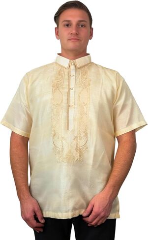 Barong Tagalog للرجال، قميص رسمي فلبيني بأكمام قصيرة باللون الأبيض الأورجانزا مع التطريز، مقاس أمريكي in Kuwait