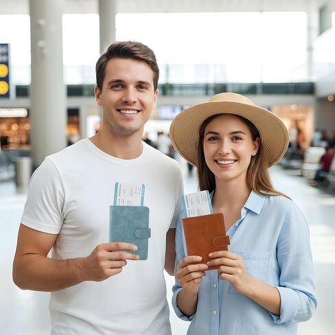 قطعتان من حامل كتب جواز السفر للسفر، غطاء جواز سفر جلدي مع إغلاق سريع، حافظة كتب لحامل جواز السفر تحجب RFID للنساء والرجال، هدية أساسيات المطار (أزرق فاتح/بني) in Saudi Arabia