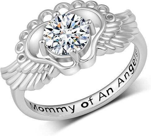 Mommy of an Angel Ring with Moissanite Stone 925 Sterling Silver Memorial Footprints Ring Sympathy Jewelry for Mothers in Saudi Arabia