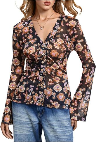 SOLY HUX Women's Long Sleeve Shirts Boho Floral Print Blouses Button Down V Neck Fitted Tops in Saudi Arabia