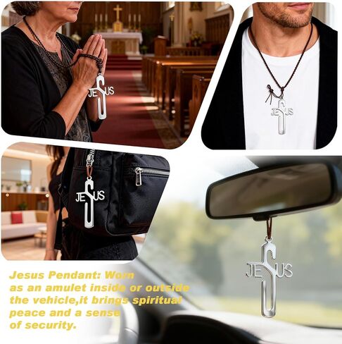 الثقة في الله أغطية أحزمة الأمان (2 قطعة) + ملصقات مرآة الرؤية الخلفية (4 قطع) + قلادة صليب يسوع، ملحقات السيارة المسيحية الداخلية للرجال والنساء، هدايا السائق الجديدة هدايا الكنيسة المعمودية الدينية المسيحية in Kuwait