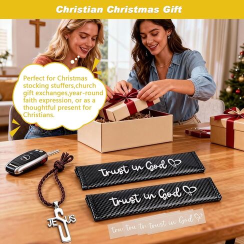 الثقة في الله أغطية أحزمة الأمان (2 قطعة) + ملصقات مرآة الرؤية الخلفية (4 قطع) + قلادة صليب يسوع، ملحقات السيارة المسيحية الداخلية للرجال والنساء، هدايا السائق الجديدة هدايا الكنيسة المعمودية الدينية المسيحية in Kuwait