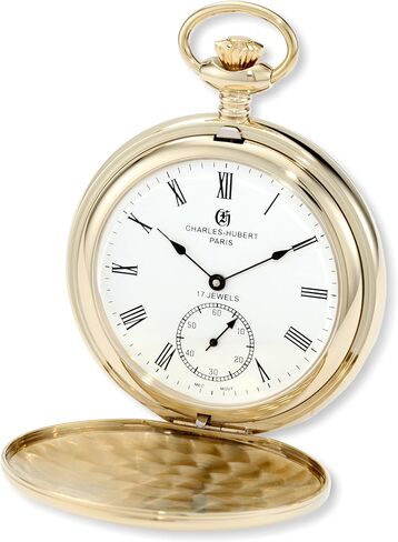 Charles-Hubert, Paris 3907-GR Premium Collection Gold-Plated Stainless Steel Polished Finish Double Hunter Case Mechanical Pocket Watch in Saudi Arabia