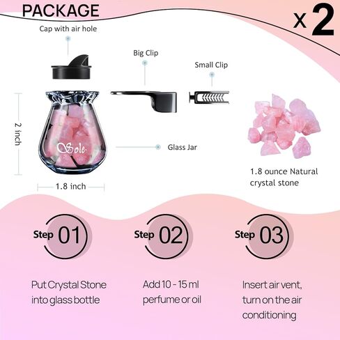 Car Diffuser Glass Bottles with Crystals Natural Stone for Spreading Essential Oils,Blue Lotus Design Glass jar as air freshener Vent Clip,car Vent Decor Accessories Pack of 2 (Pink + Pink) in Kuwait