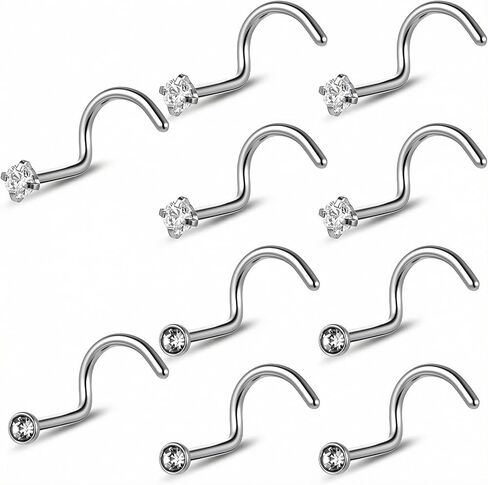 10Pcs Nose Piercing Studs, Nose Screw 20G Corkscrew L-Shaped Jewelry with 2mm Stainless Steel White Zirconia Silver Nose Rings for Women (Silver) in Saudi Arabia