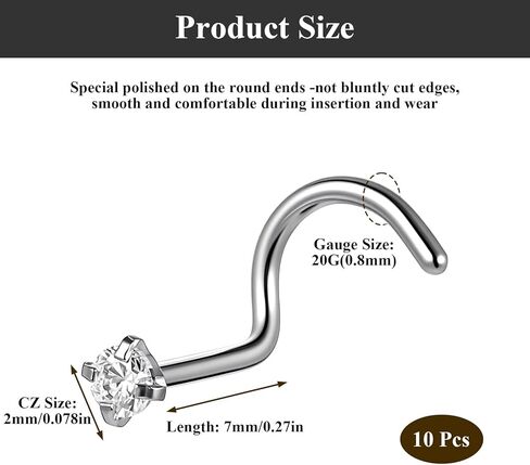 10Pcs Nose Piercing Studs, Nose Screw 20G Corkscrew L-Shaped Jewelry with 2mm Stainless Steel White Zirconia Silver Nose Rings for Women (Silver) in Saudi Arabia