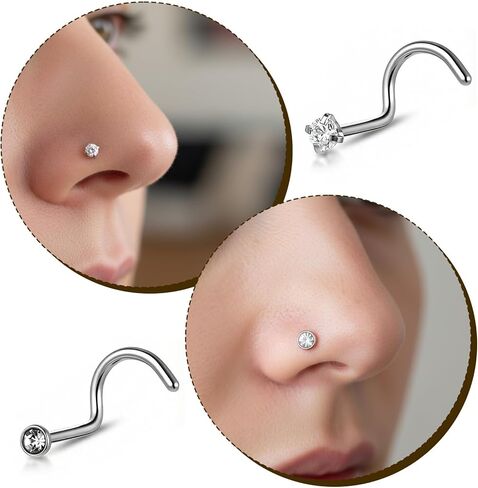 10Pcs Nose Piercing Studs, Nose Screw 20G Corkscrew L-Shaped Jewelry with 2mm Stainless Steel White Zirconia Silver Nose Rings for Women (Silver) in Saudi Arabia