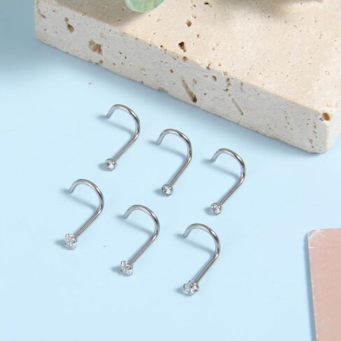 10Pcs Nose Piercing Studs, Nose Screw 20G Corkscrew L-Shaped Jewelry with 2mm Stainless Steel White Zirconia Silver Nose Rings for Women (Silver) in Saudi Arabia