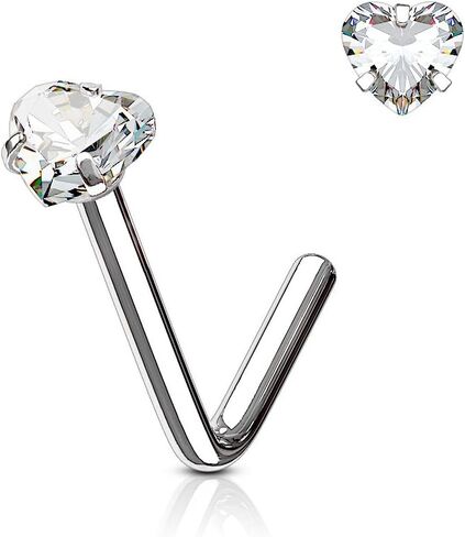 BodyJewelryOnline 20G 18G Curved Nose Stud Surgical Steel L Shaped Nose Ring Crystals Heart CZ L Bend Nose Screw Piercing Jewelry 1/4" (6mm) in Saudi Arabia