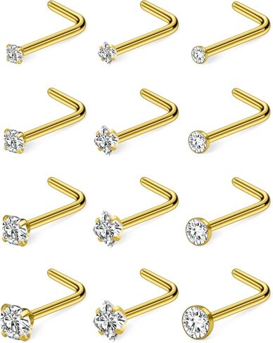 Hoeudjo Nose Studs Surgical Steel Cubic Zirconia Nose Rings Kit for Women Men Tiny Nose Stud Bone & L Shaped Nostril Piercing Jewelry 20-18 Gauge 12 Pieces in Saudi Arabia