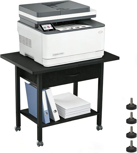 Large 22" x 15" Under Desk Printer Stand, 2-Tier Shelf Printer Table with Storage Fabric Drawer and Wheels, Rolling Cart for Home Office Fits 3D Printer, Scanner (Black) in Saudi Arabia