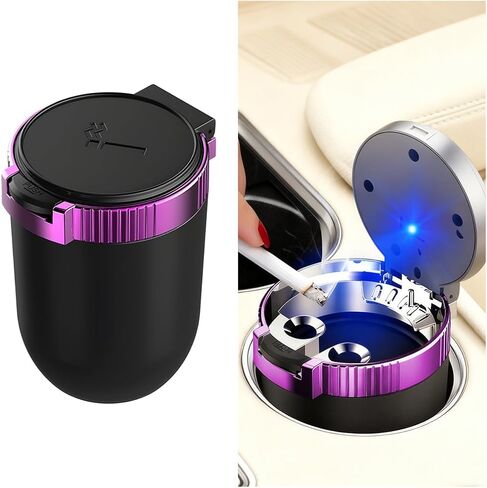 Car Ashtray with Lid, Stainless Steel Inner Container Vehicle Ash Tray with LED Blue Light, Detachable ＆ Portable Automotive Interior Trash Can Accessories, Universal Fit (Black/Silver) in Saudi Arabia