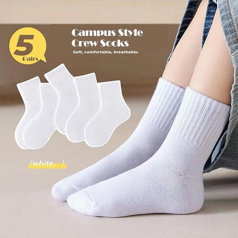 5 Pairs Kids Athletic Crew Socks, White Cotton Sports Socks for Boys Girls 5-8 Years, Youth Thin Casual School Socks in Saudi Arabia
