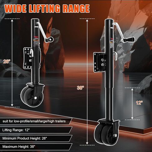 2000 lbs Trailer Jack with 12" Adjustable Height & Dual 6" Wheels - Heavy Duty Drop Leg Stabilizer for RV Camper Travel Trailer, Bolt-Down Mounting & Black Powder Coated Finish in Kuwait