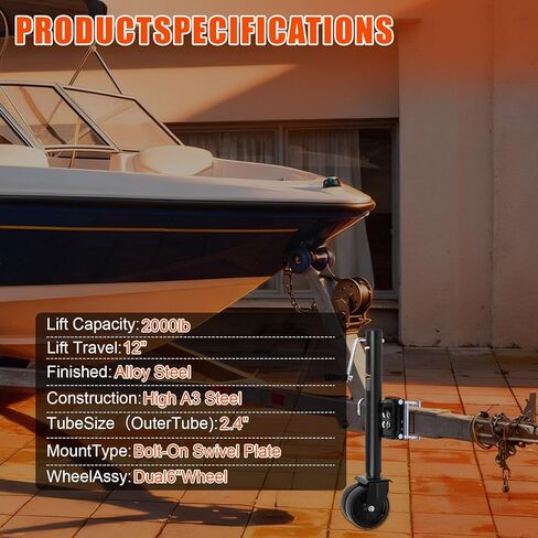 2000 lbs Trailer Jack with 12" Adjustable Height & Dual 6" Wheels - Heavy Duty Drop Leg Stabilizer for RV Camper Travel Trailer, Bolt-Down Mounting & Black Powder Coated Finish in Kuwait