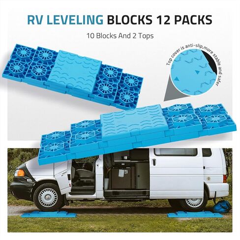 كتل تسوية PAULINN RV 12 حزمة، كتل تسوية العربة شديدة التحمل مع شريطين فيلكرو، كتل RV متينة متشابكة للعجلات الفردية والمزدوجة، كتل جاك قابلة للتكديس، ارتفاع قابل للتخصيص، أزرق in Kuwait