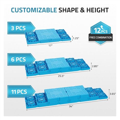 كتل تسوية PAULINN RV 12 حزمة، كتل تسوية العربة شديدة التحمل مع شريطين فيلكرو، كتل RV متينة متشابكة للعجلات الفردية والمزدوجة، كتل جاك قابلة للتكديس، ارتفاع قابل للتخصيص، أزرق in Kuwait