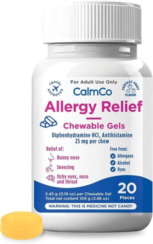 CalmCo Adult Allergy Relief Gummy Bites with Diphenhydramine - Chewable Antihistamine for Sneezing, Runny Nose & Itchy Eyes, Nighttime Allergy Medicine for Ages 12+, Fantasy Fruit Flavor, 20 Count in Kuwait