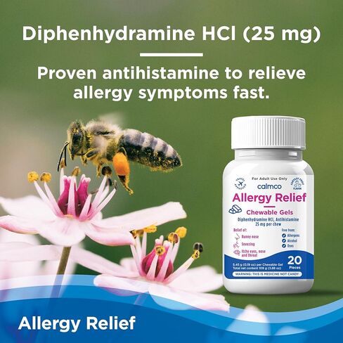 CalmCo Adult Allergy Relief Gummy Bites with Diphenhydramine - Chewable Antihistamine for Sneezing, Runny Nose & Itchy Eyes, Nighttime Allergy Medicine for Ages 12+, Fantasy Fruit Flavor, 20 Count in Kuwait