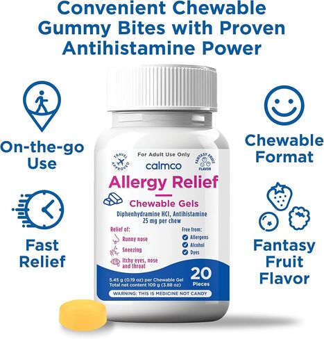CalmCo Adult Allergy Relief Gummy Bites with Diphenhydramine - Chewable Antihistamine for Sneezing, Runny Nose & Itchy Eyes, Nighttime Allergy Medicine for Ages 12+, Fantasy Fruit Flavor, 20 Count in Kuwait