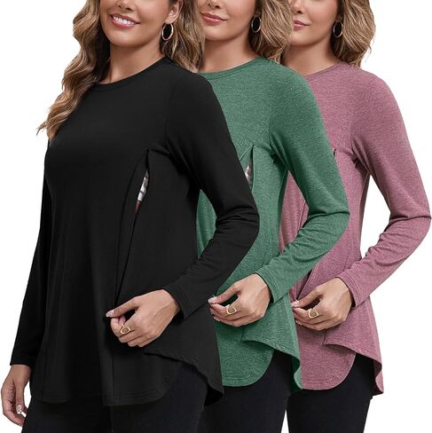 GINKANA Women's 3-Pack Nursing Tops Hidden Zippers Breastfeeding Shirts Loose Fit Maternity Breast Pumping Tops,Black/Green/Burgundy,XL in Saudi Arabia