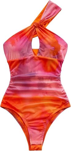 MakeMeChic Women's Tie Dye One Shoulder Bodysuit Knot Ruched Cut Out Party Body Suit Tops in Saudi Arabia