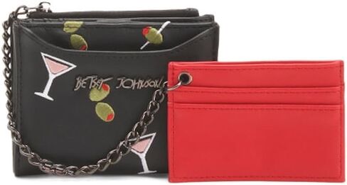 حافظة بطاقات Betsey Johnson Martini Toss مع سلسلة معصم، بولي يوريثين مطرز باللون الأسود، 4.75 × 3.5 بوصة، مجموعة من قطعتين in Kuwait