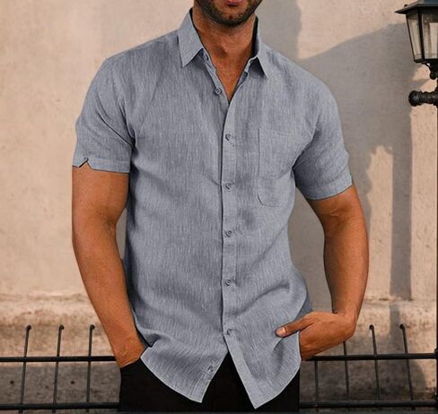 Men's Linen Shirts Short Sleeve Button Down Casual Beach Shirt Fashion Summer Clothes in Saudi Arabia