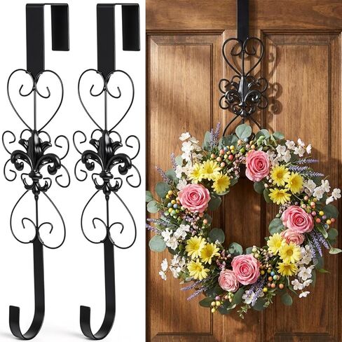 2 Pack Black Wreath Hangers for Front Door Heavy Duty Metal Wreath Hook 15.5 Inch Black Door Hanger Elegant Design Decor Wreaths Hanger for Easter Christmas Indoor Outdoor in Saudi Arabia